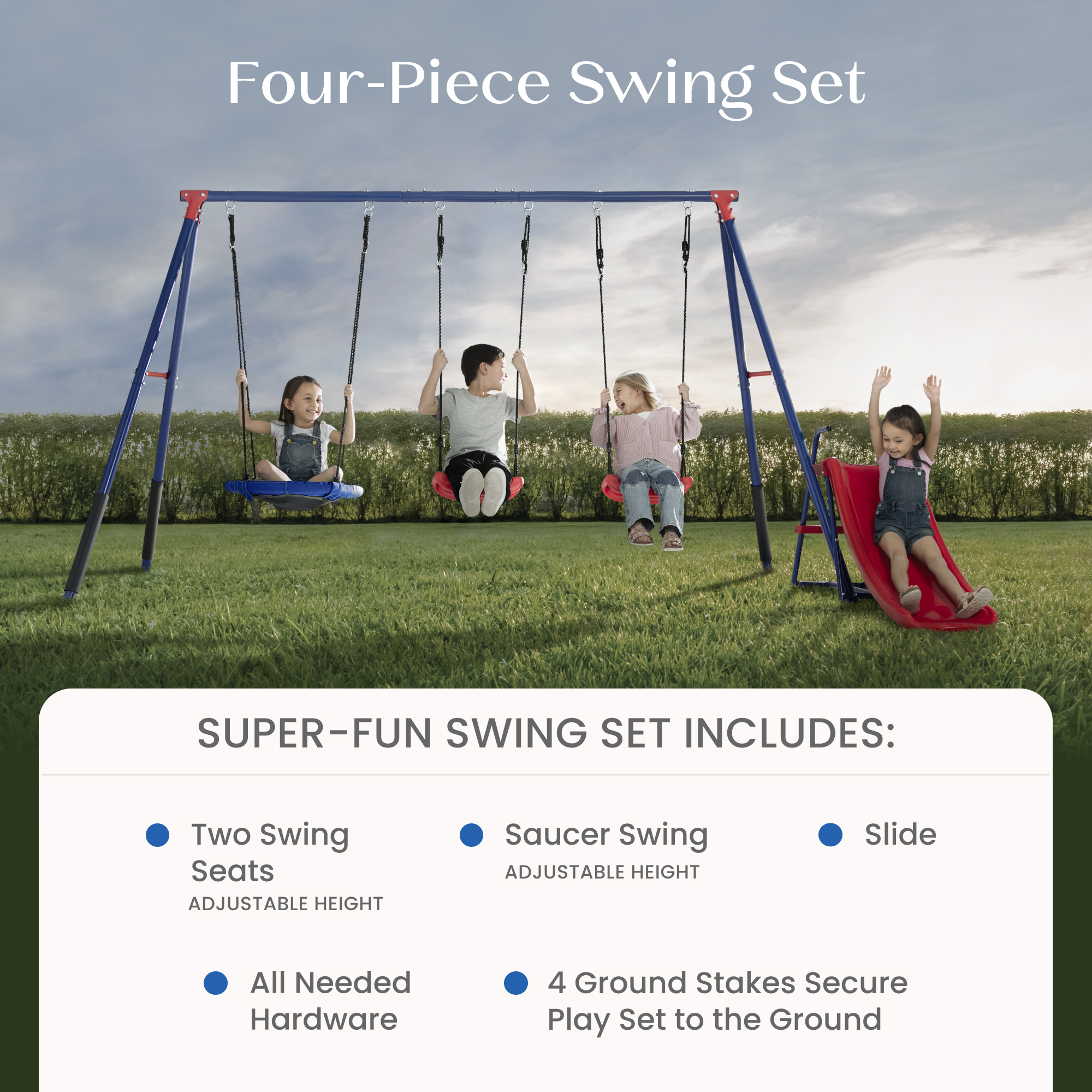 FunZone Outdoor Metal 4-Piece Swing Set - Includes 2 Swings, 1